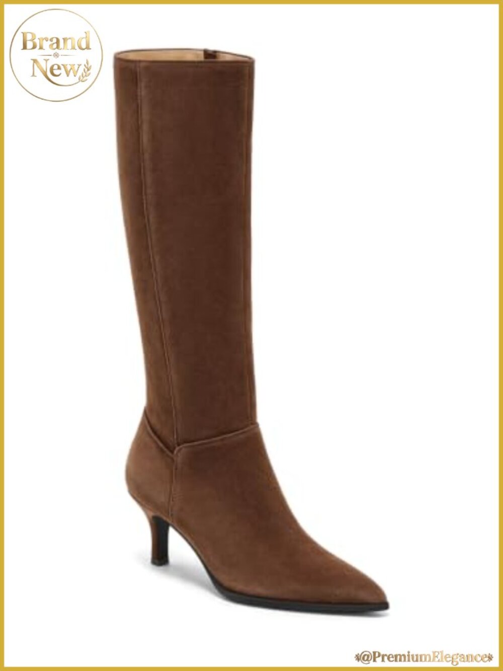 Knee High Boots Pointed Toe Kitten Heel Faux Suede Side Zip Womens
